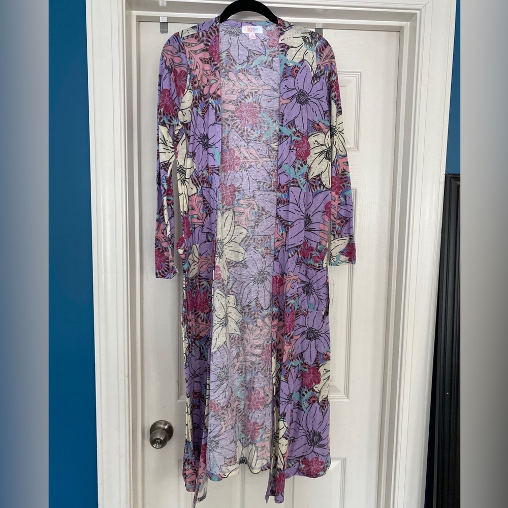 Lularoe Pink and Purple Floral Design Sarah Duster Cardigan Sweater Size Small